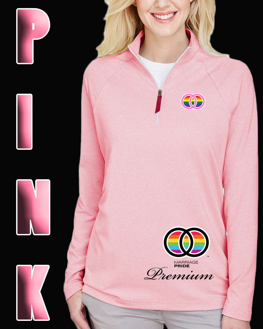 PREMIUM Marriage Pride PINK Women's Quarter-Zip Performance Pink Pullover